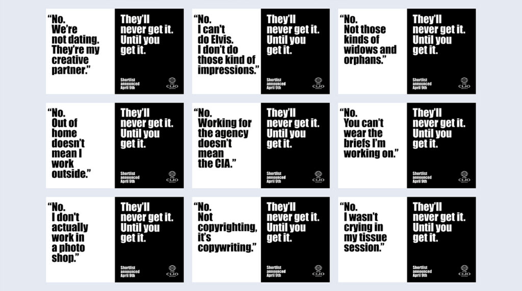 | Muse by Clios Grid of black-and-white posters featuring bold quotes about dating and secrecy; alternating black and white panels create a punchy collage look.
