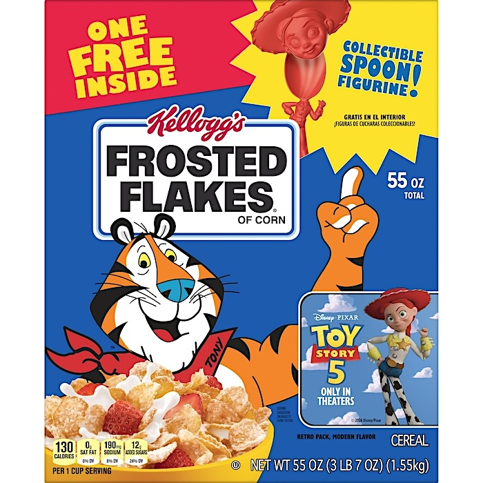 Kellogg's Frosted Flakes cereal box with tiger mascot, featuring 'One Free Inside' promo and a Toy Story 5 insert image.