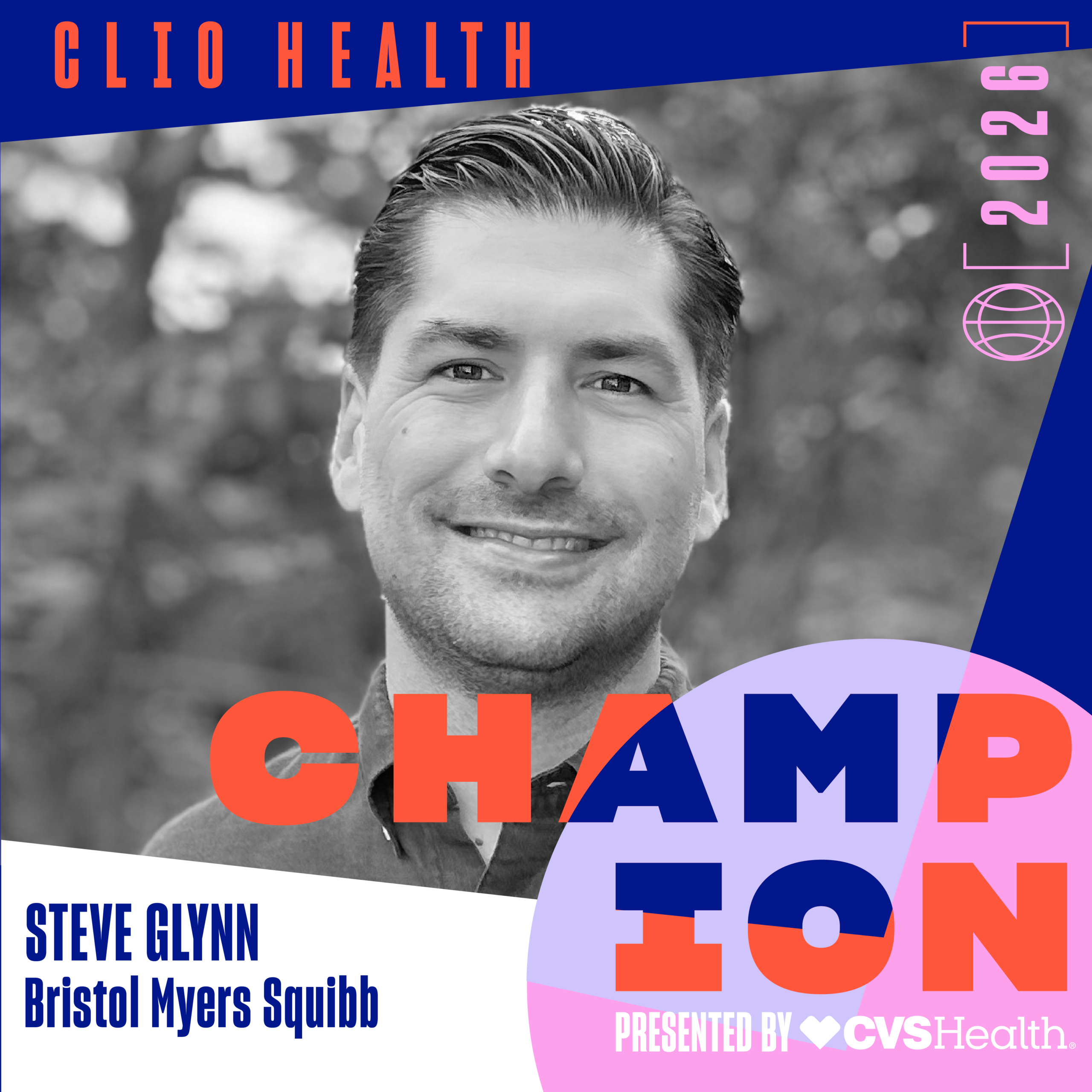 A black-and-white photo of a smiling man overlaid with a colorful, stylized poster design advertising a health event titled 'CLI HEALTH' with bold orange and pink typography and geometric shapes on blue and purple backgrounds.