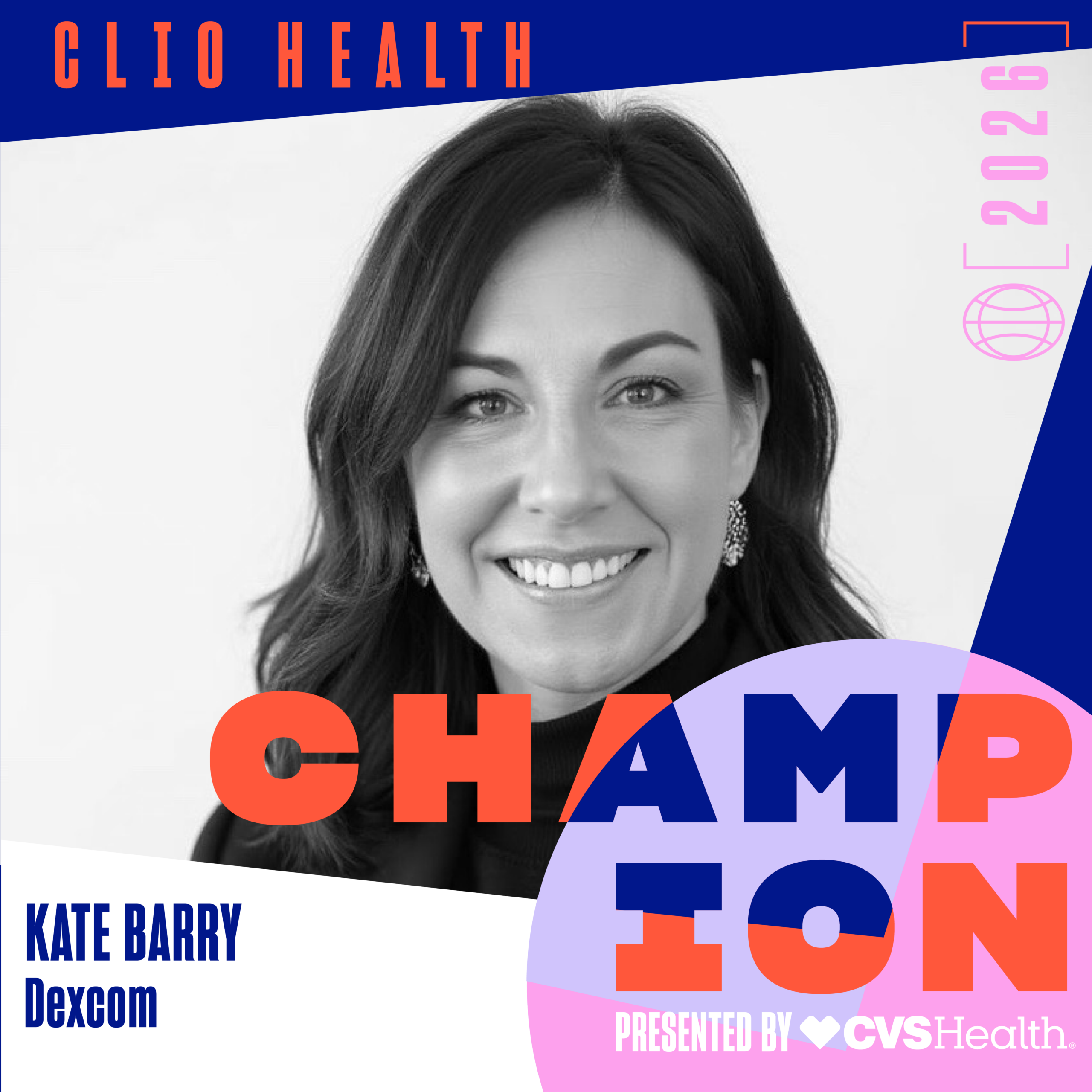 Black-and-white portrait of Kate Barry smiling, with bold orange and pink text and shapes reading CHAMP 2021 in a promotional poster style.
