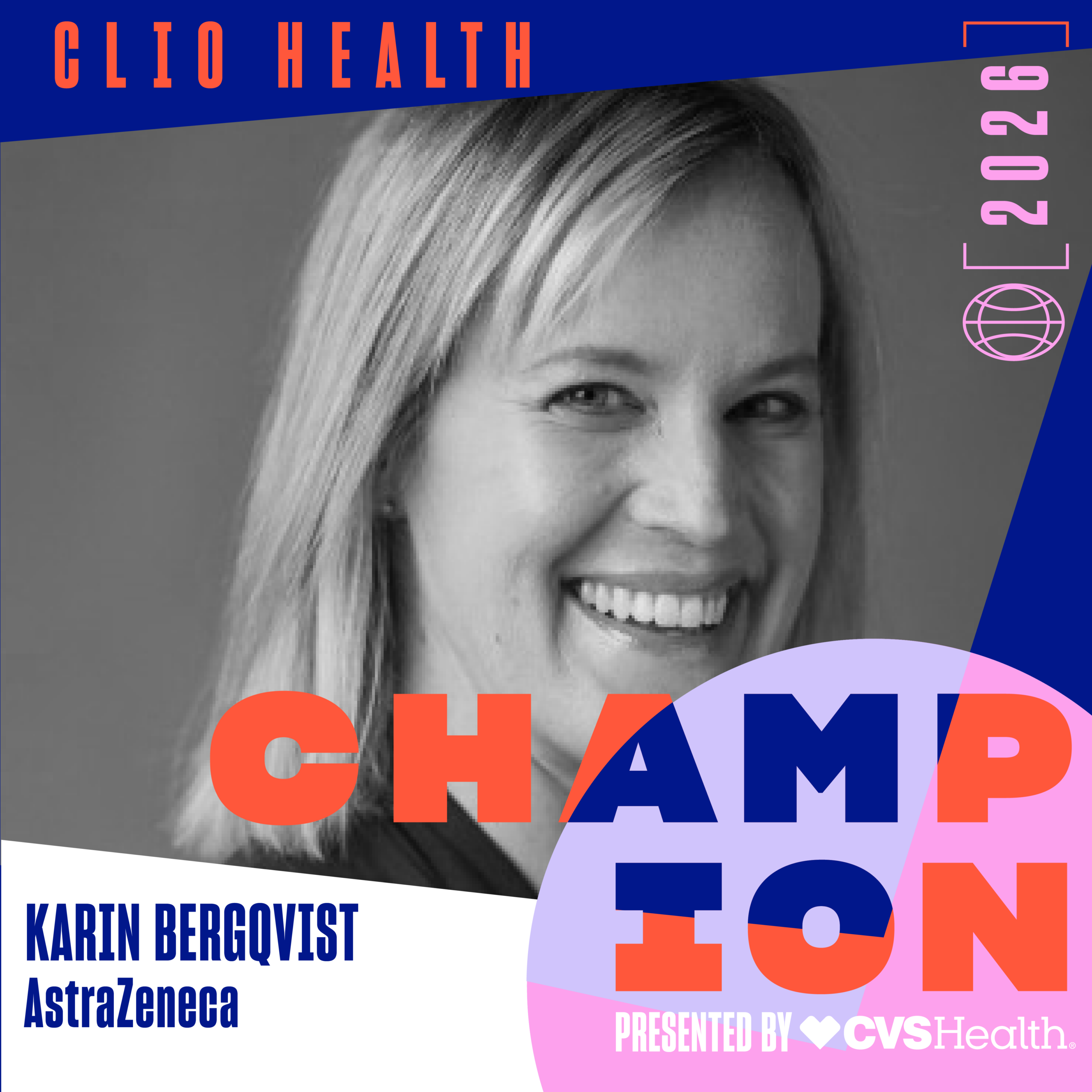 Poster for a Child Health 2023 event with bold blue, orange, and pink typography, and a grayscale portrait of a smiling person.