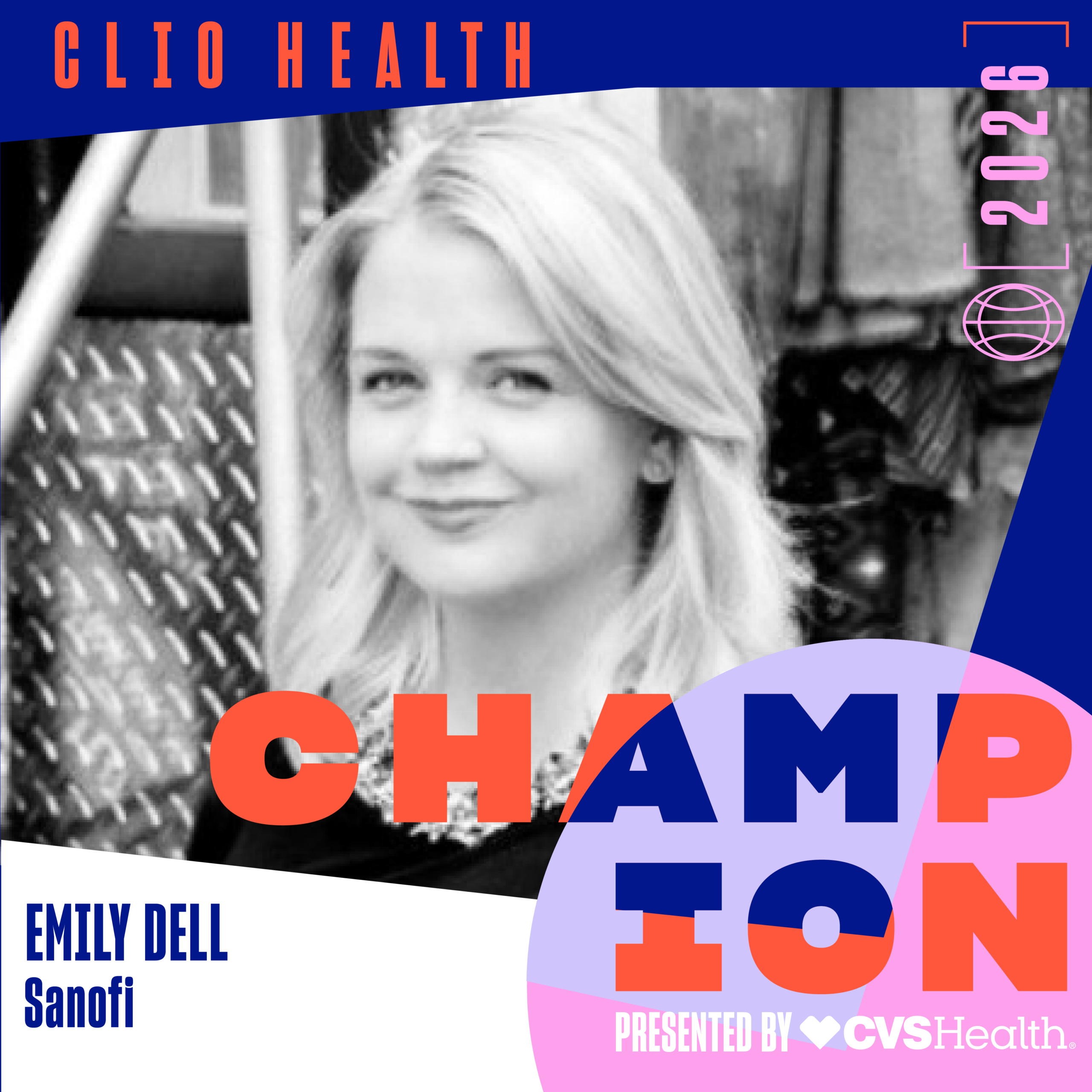 Poster-style collage featuring a smiling woman in black-and-white with bold colored text and shapes, including 'CLIO HEALTH' and 'EMILY DELL'.