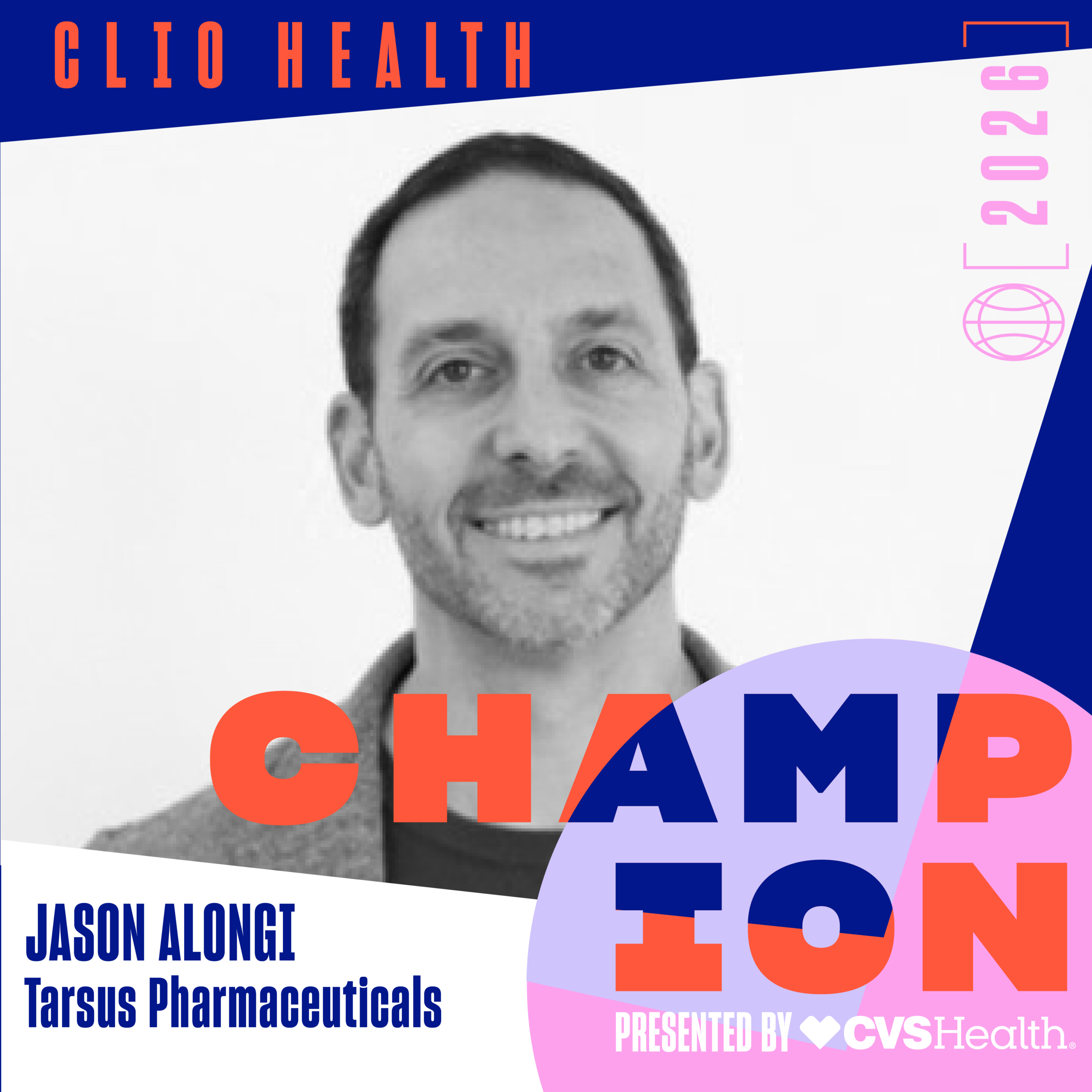 Grayscale portrait of a smiling man on a bold, colorful conference poster with large orange letters reading CHAMP and sponsor text on the sides; bright blue, pink, and purple graphic accents fill the design.