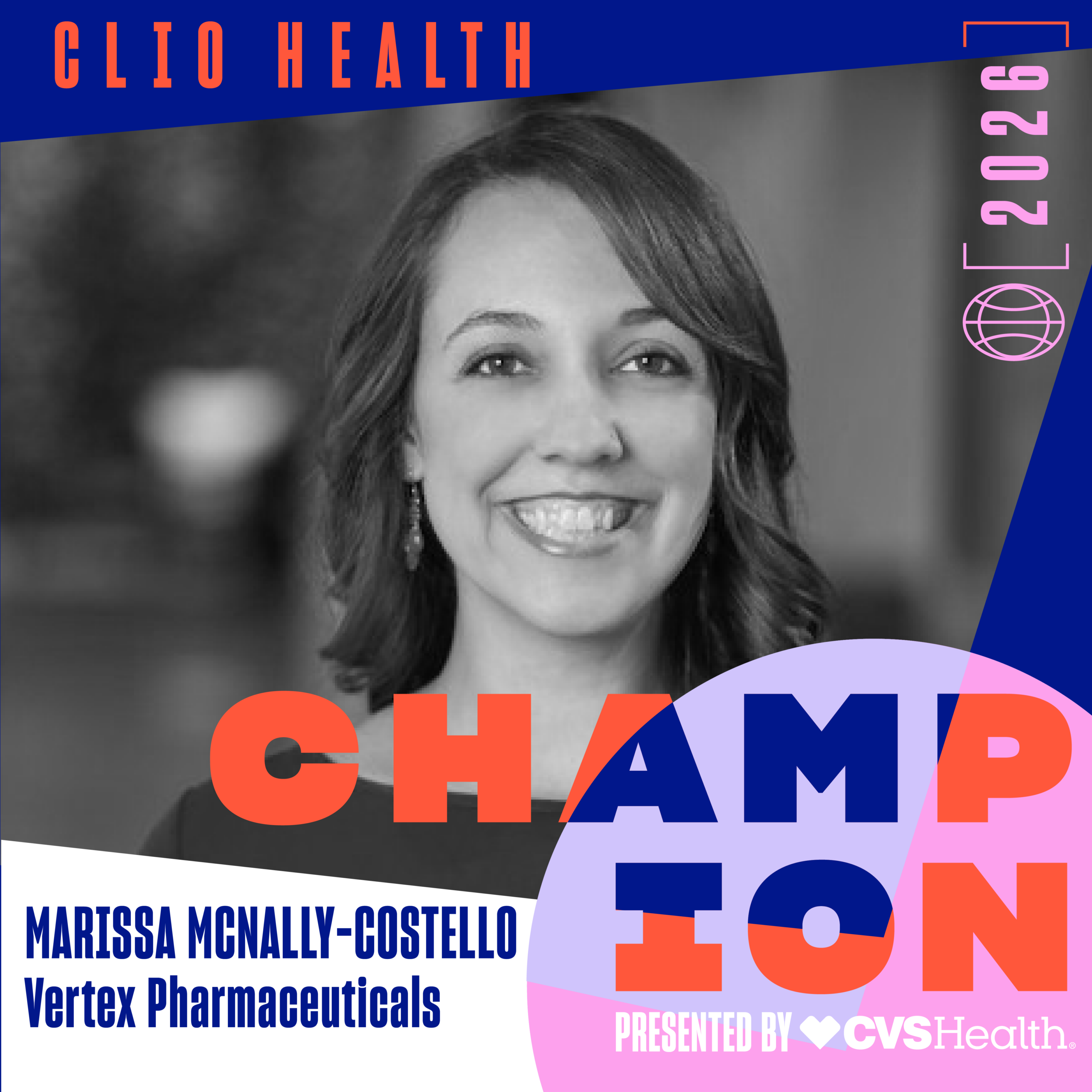 2026 Health Champions_Marissa McNally-Costello | Muse by Clios Smiling woman portrait on a colorful CHAMP poster featuring Marissa McNally-Costello of Vertex Pharmaceuticals and CVS Health (informational).