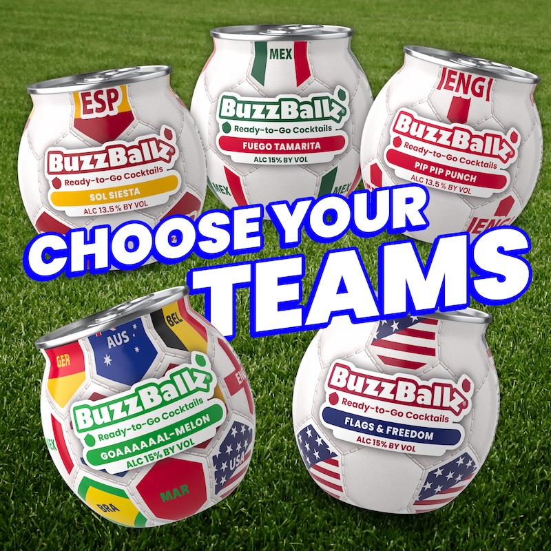 Five BuzzBallz cocktail cans with country motifs sit on green grass under a bold 'CHOOSE YOUR TEAMS' message, promoting a promotional campaign.