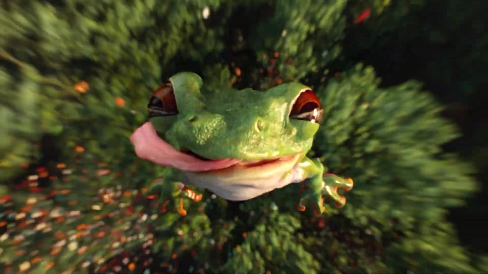 Close-up of a green tree frog looking at the camera with a blurred leafy background behind it.