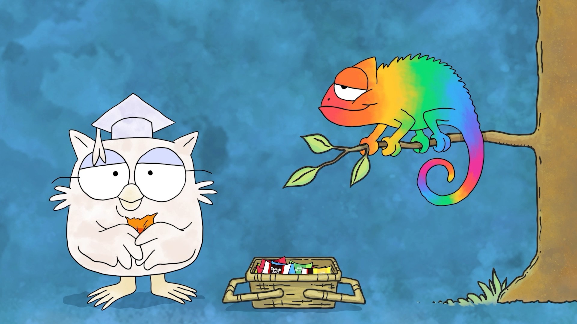 Tootsie Roll's Mr. Owl Returns, With a Chameleon Pal in Tow