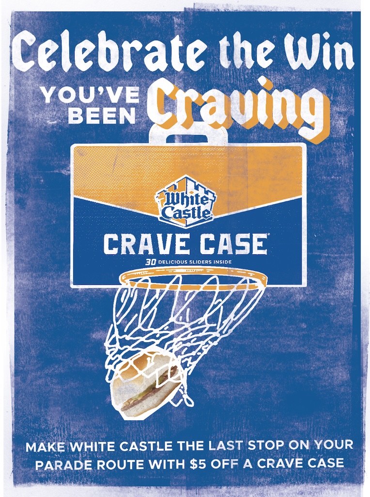 Poster-style ad for White Castle Crave Case: basketball hoop with a Crave Case box and a hot dog caught in the net, promoting  off a crave case.