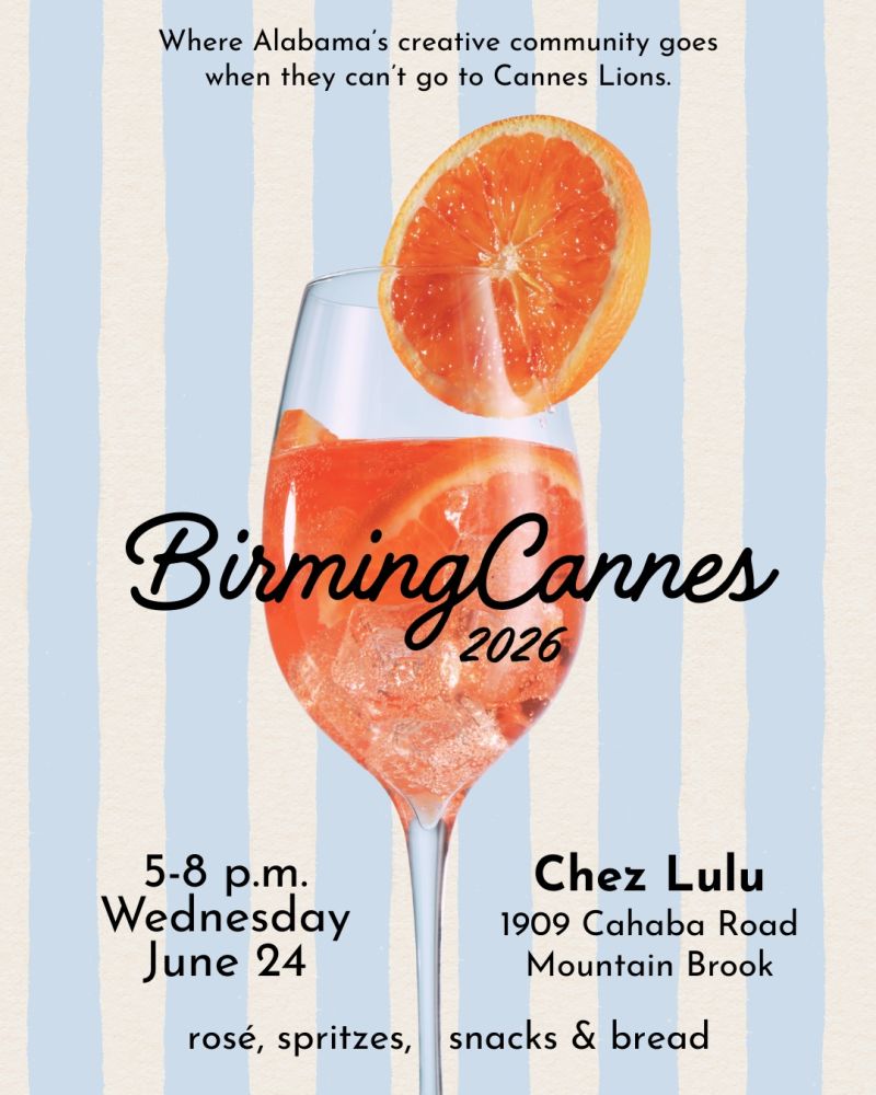 image | Muse by Clios Poster for Birmingham Cannes 2026 party featuring a wine glass with an orange slice on a blue-and-cream striped background; includes event tagline and details (date, time, venue, and offerings).