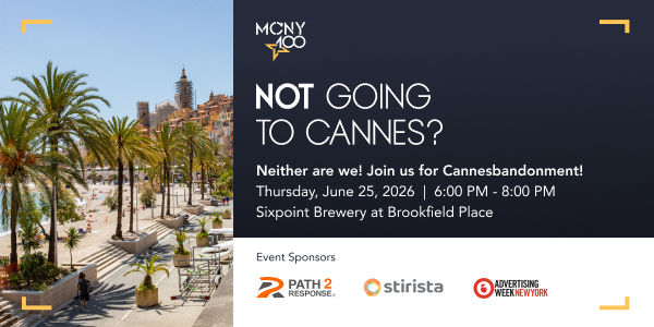image | Muse by Clios Event banner split: left shows a sunny waterfront promenade with palm trees; right features a dark gradient panel reading 'NOT GOING TO CANNES?' with event details and sponsor logos at the bottom.