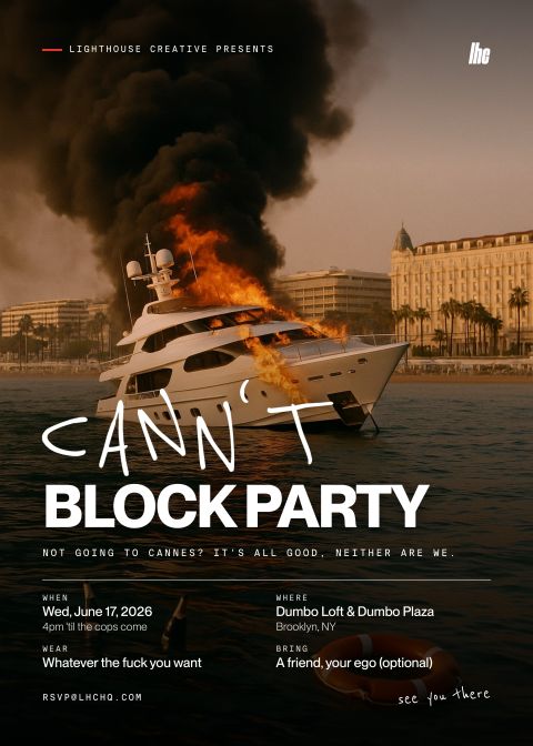 image | Muse by Clios Poster for a party: burning white yacht near a city waterfront with bold white lettering CAN'T BLOCK PARTY and the subtitle about Cannes; event details are at the bottom.