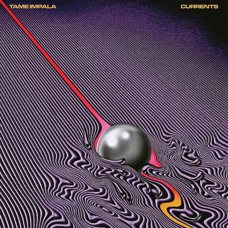 TameImpala_Currents | Muse by Clios Album cover for Tame Impala's Currents: a shiny silver sphere on a purple, wavy striped surface.