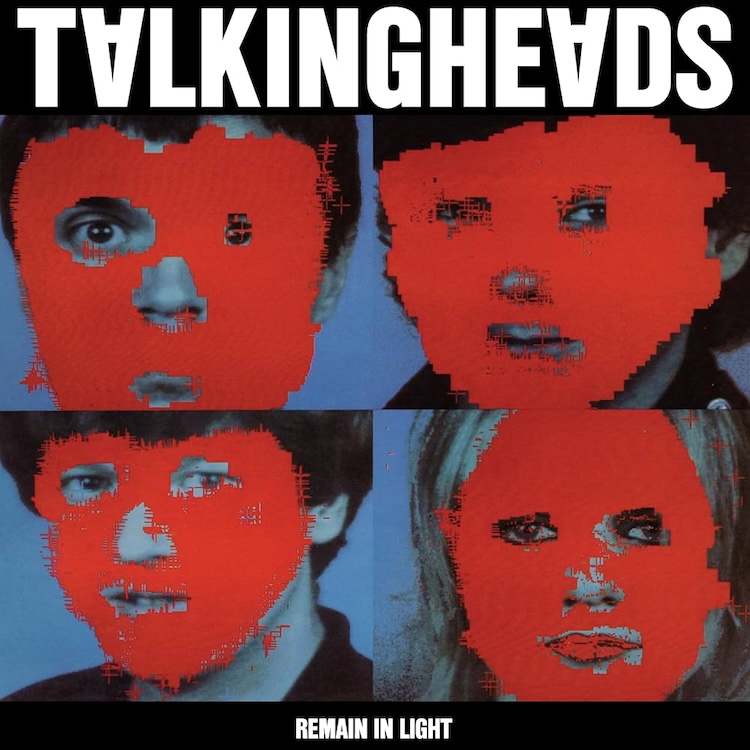 TH_RemainInLight | Muse by Clios Album cover for Talking Heads' Remain in Light: four blue-tinted portraits with red mask overlays and the band title above.