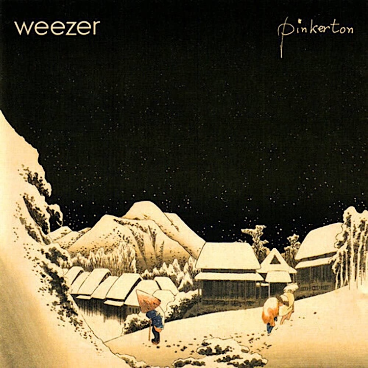 Weezer_Pinkerton | Muse by Clios Album cover for Weezer's Pinkerton showing a snowy, moonlit village with thatched-roof houses and mountains, two children walking along a path under a starry sky.