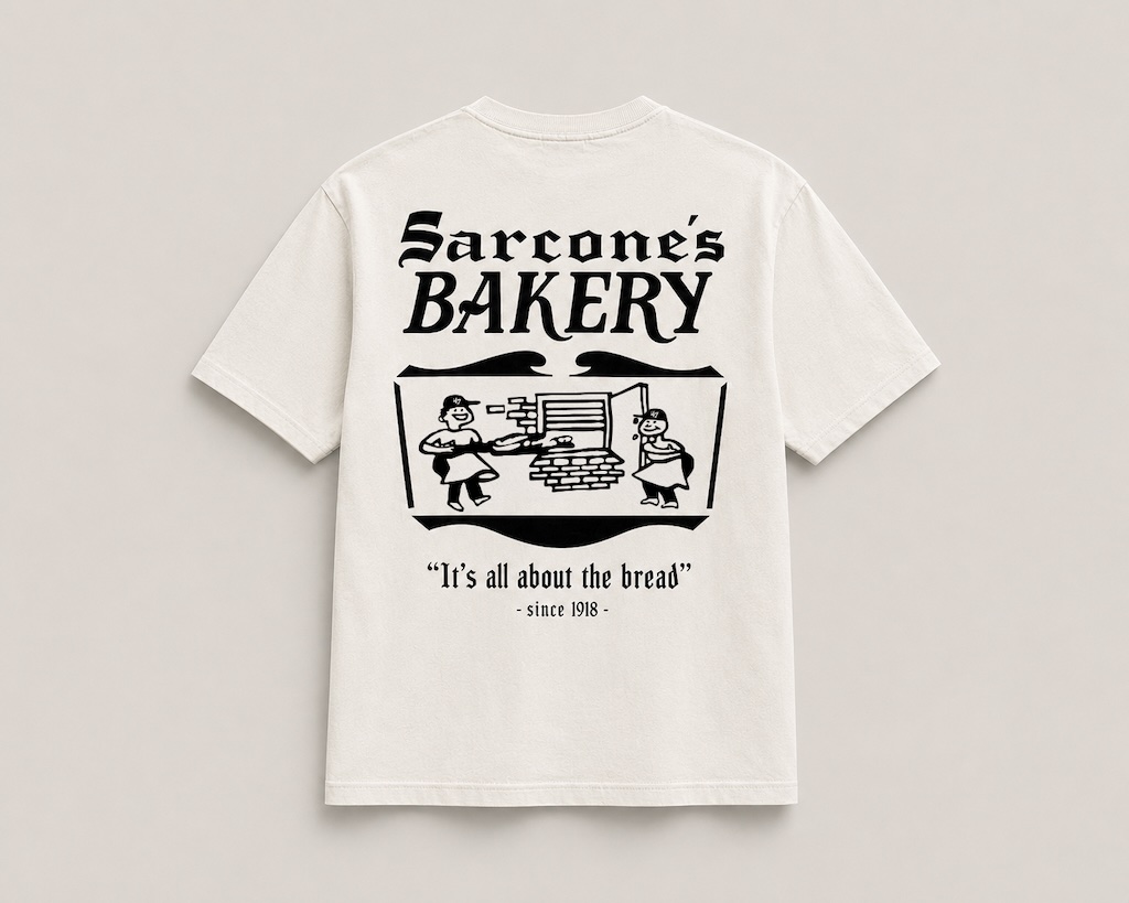 White T-shirt showing Sarcone's Bakery logo with a baking scene and the slogan 'It's all about the bread'.