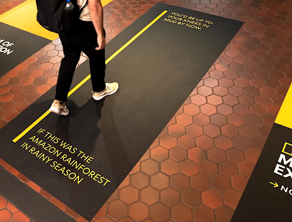 Person walking on a dark exhibit floor with a yellow guide line and a quote about the Amazon rainforest in rainy season: 'If this was the Amazon rainforest in rainy season, you'd be up to your knees in mud by now.'