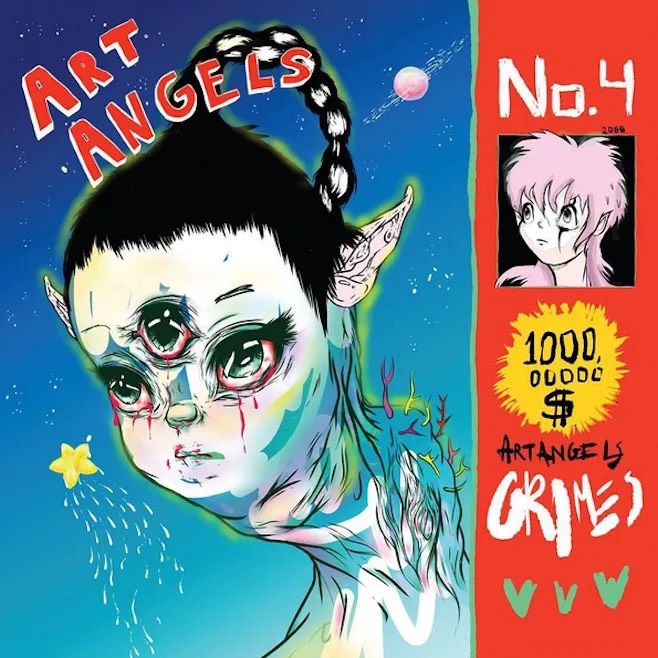 Art Angels Grimes | Muse by Clios Surreal portrait of a pale girl with multiple eyes and a braided ponytail against a blue cosmic background with stars at the edges.