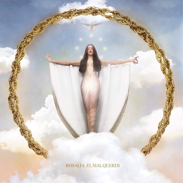 El Mal Querer Rosalía | Muse by Clios Ethereal woman standing on clouds with arms outstretched, wearing a white cape, inside a large gold braided ring, with a dove above.