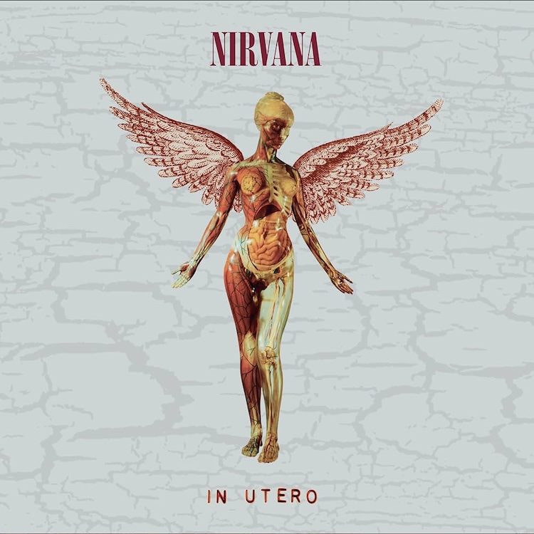 In Utero Nirvana | Muse by Clios Nirvana's In Utero album cover showing a winged, anatomical humanoid figure against a pale cracked background with the band name at top.