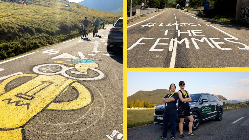 Three-panel collage: cyclists on a mountain road beside a large yellow bicycle mural, a road with the slogan '#WTF THE FEMMES' in white paint, and two women posing with a Skoda SUV.