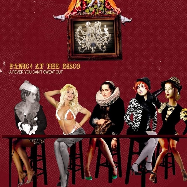 Poster for Panic! At the Disco's A Fever You Can't Sweat Out: five women sit on a bar against a red background, chandelier frame above.