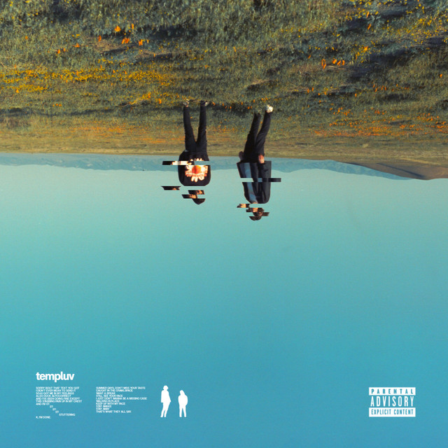Upside-down album cover: two people standing in a grassy field under a blue sky, with 'templuv' text and a Parental Advisory label.