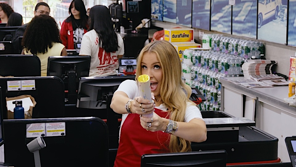 DD 5 | Muse by Clios Female store cashier in a red apron holds a lemon-topped bottle toward the camera at a busy checkout area.