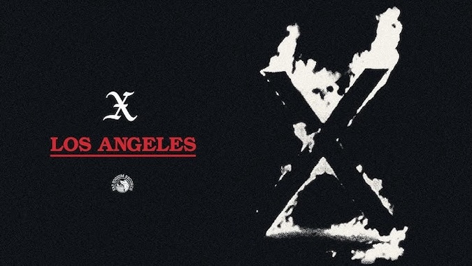 Logo design on black background: a white stylized X above 'LOS ANGELES' in red underlined text, with a distressed large X motif on the right.
