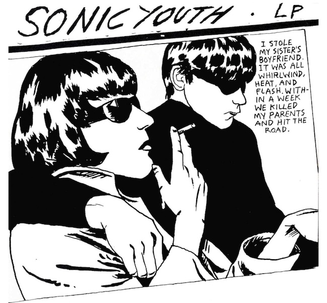 Black-and-white comic-style illustration of two people wearing sunglasses on a Sonic Youth LP cover; a speech bubble contains a chilling confession about stealing a sister's boyfriend and fleeing.