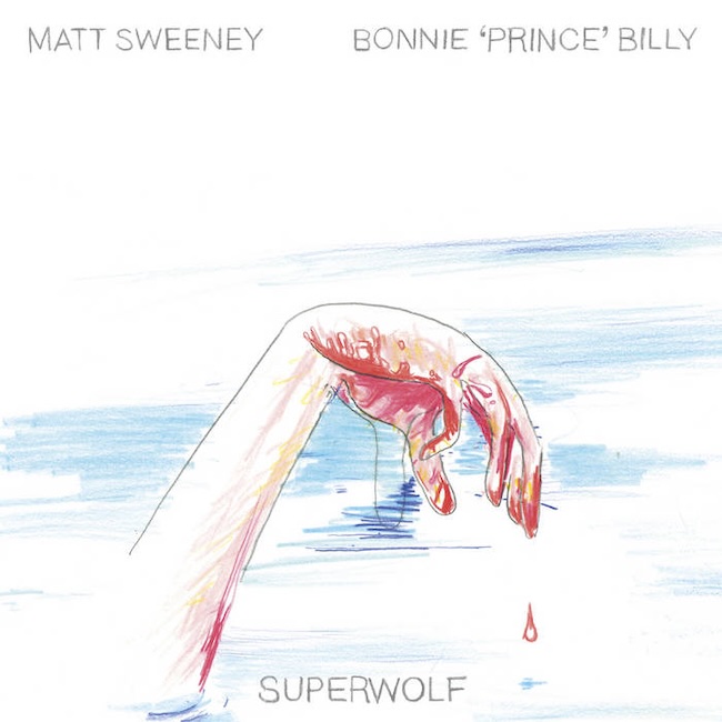 Album cover for Superwolf showing a pale, red-tinged hand dripping liquid over a pale blue water background; artist names at the top.