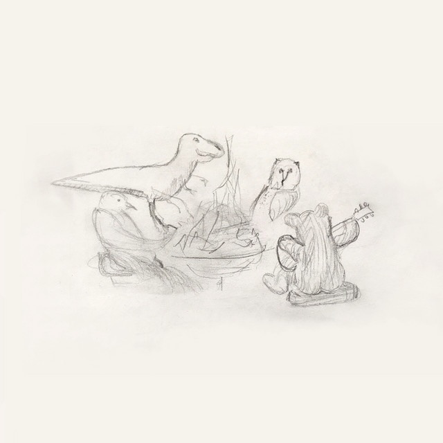 Pencil sketch of a guitarist sitting among three birds near a small campfire.