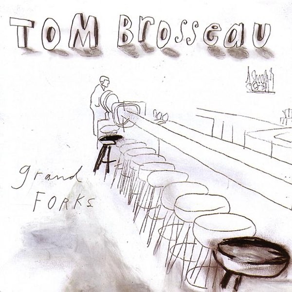 Sketch of a long bar counter lined with round stools, a person standing by a machine at the far end; handwritten text reads 'Tom Brossceau' with 'grand Forks' nearby.