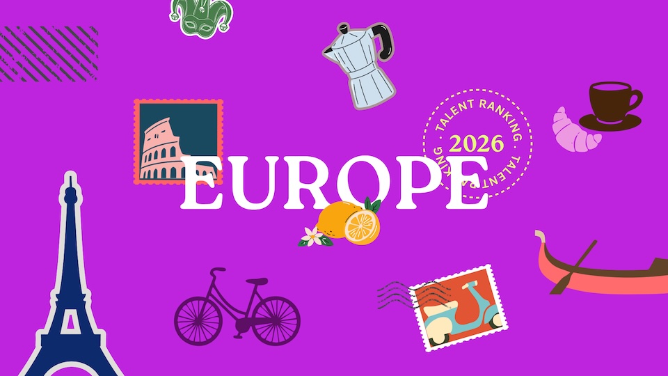 Bright purple background with the word EUROPE and travel stickers: Eiffel Tower, bicycle, orange, croissant and coffee cup, mug, gondola, stamp, moka pot, and a 2026 talent ranking badge.
