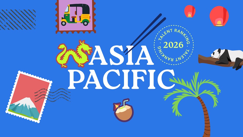 Bold blue Asia Pacific 2026 Talent Ranking banner featuring a dragon, panda, palm tree, stamps, and travel icons around the text Asia Pacific.