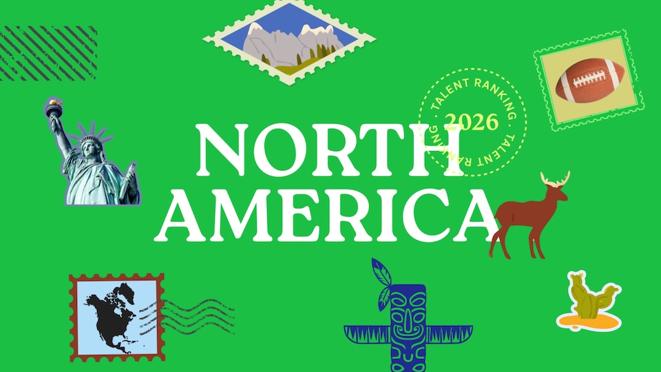 Bright green collage with the large NORTH AMERICA text surrounded by symbols like Statue of Liberty, mountains stamp, deer, football stamp, and tropical/tiki motifs nearby.