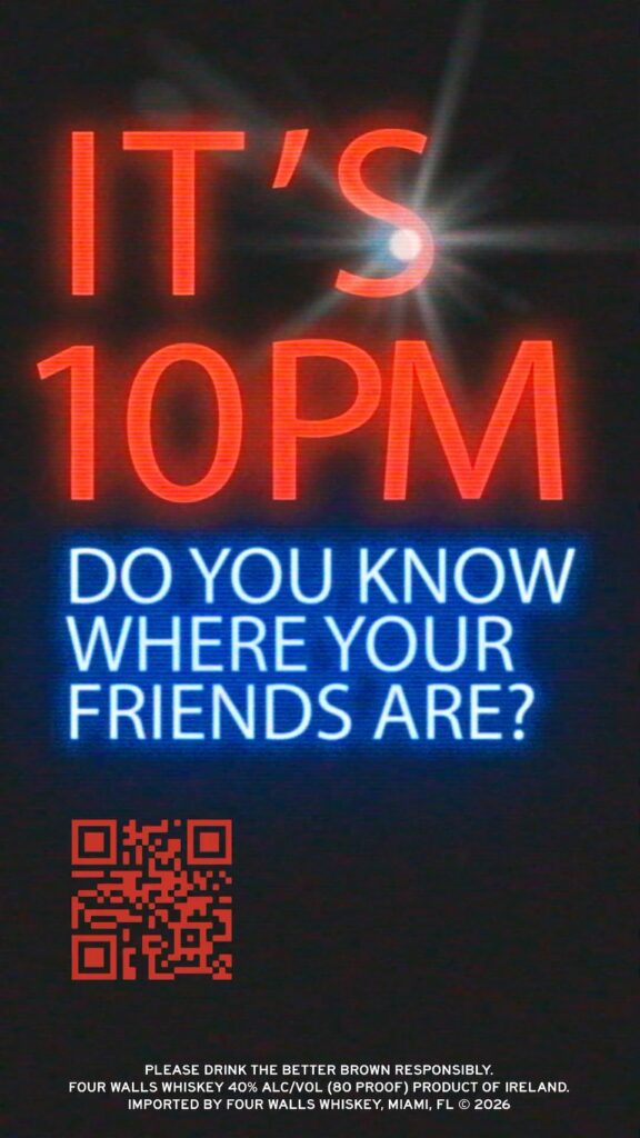 Neon sign reading'IT'S 10PM' in red with blue 'DO YOU KNOW WHERE YOUR FRIENDS ARE?' text and a red QR code below; dark background.