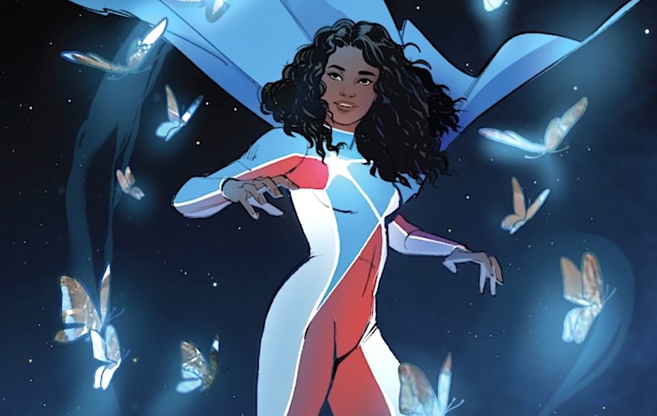 Young woman superhero in a blue, white, and red suit, surrounded by glowing blue butterflies in a starry background.