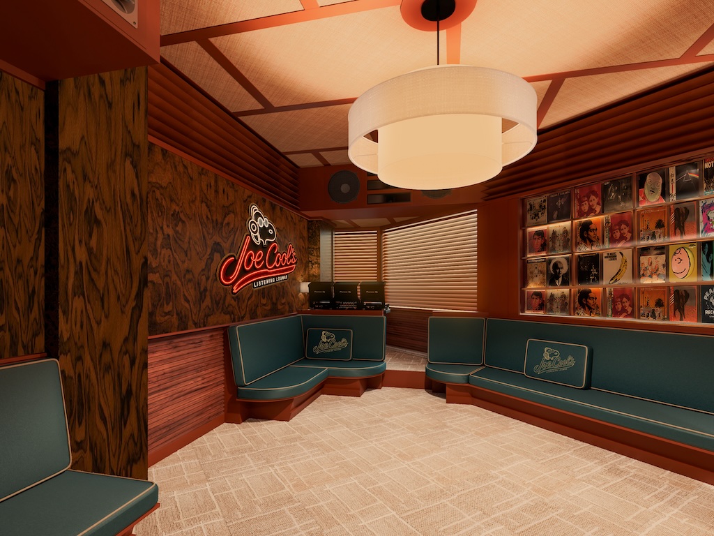 Joe_Cools_V2_cam_002 | Muse by Clios Retro listening lounge with teal upholstered booths, wood paneled walls, and a large circular pendant light; wall displays vintage album covers.