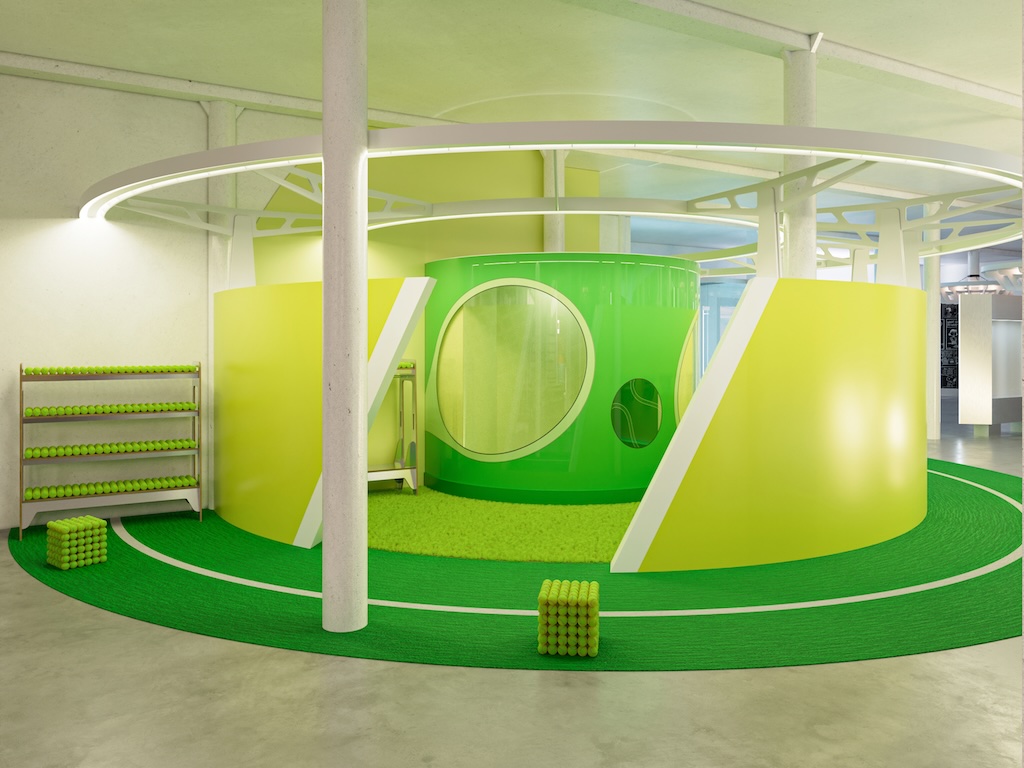 tennis_V5_cam_001 | Muse by Clios Indoor play area with a bright green circular structure and lime-green turf floor ring for kids to explore.