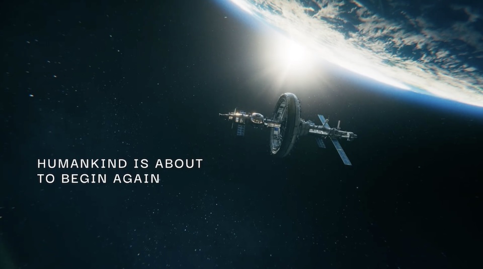Screenshot | Muse by Clios Space station orbiting Earth with the sun rising, overlaid by the caption: 'Humankind is about to begin again'.