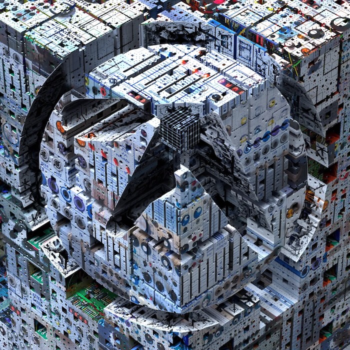 Abstract sculpture formed from stacked computer servers, arranged into a large cube with a dark circular ring surrounding it.