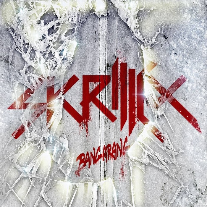 Album cover for Skrillex Bangarang: red stylized logo centered on a frosted, shattered glass background.