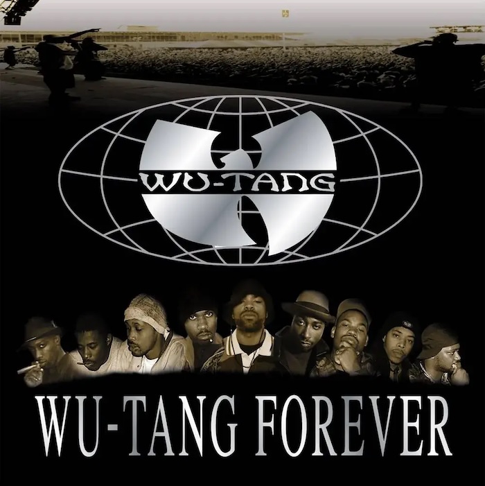 Wu-Tang Forever album cover featuring the Wu-Tang logo over a globe with portraits of Wu-Tang Clan members beneath it and the text ‘WU-TANG FOREVER’
