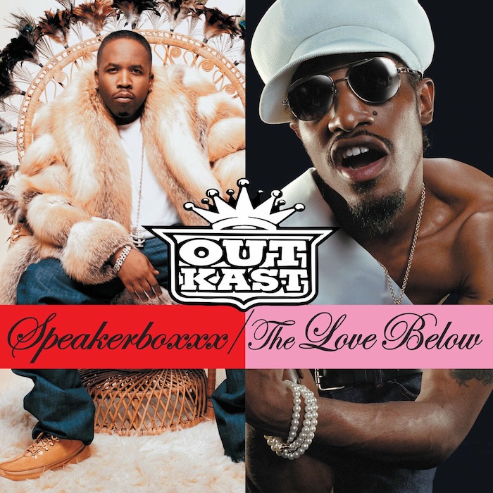 OutKast album cover: Speakerboxxx/The Love Below, two men in stylish outfits with a crown logo in the center.