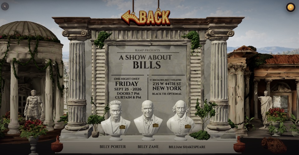 BILL3 | Muse by Clios Promotional stage poster for 'A Show About Bills' with three busts (Porter, Zane, Shakespeare) in front of a classical temple backdrop, and a 'Back' sign above.