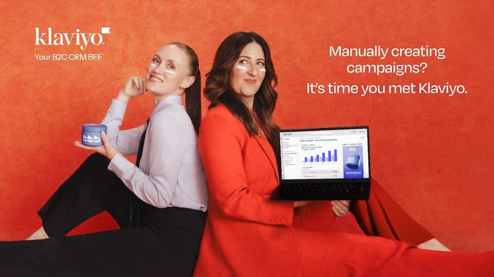 kla3 | Muse by Clios Klaviyo promotional banner featuring two women back-to-back against an orange backdrop; branding on left and slogan on right.