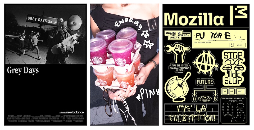 Triptych collage: left a black-and-white 'Grey Days' film poster, center a person holding Starbucks drinks, right a yellow/black Mozilla sticker sheet with graphics.