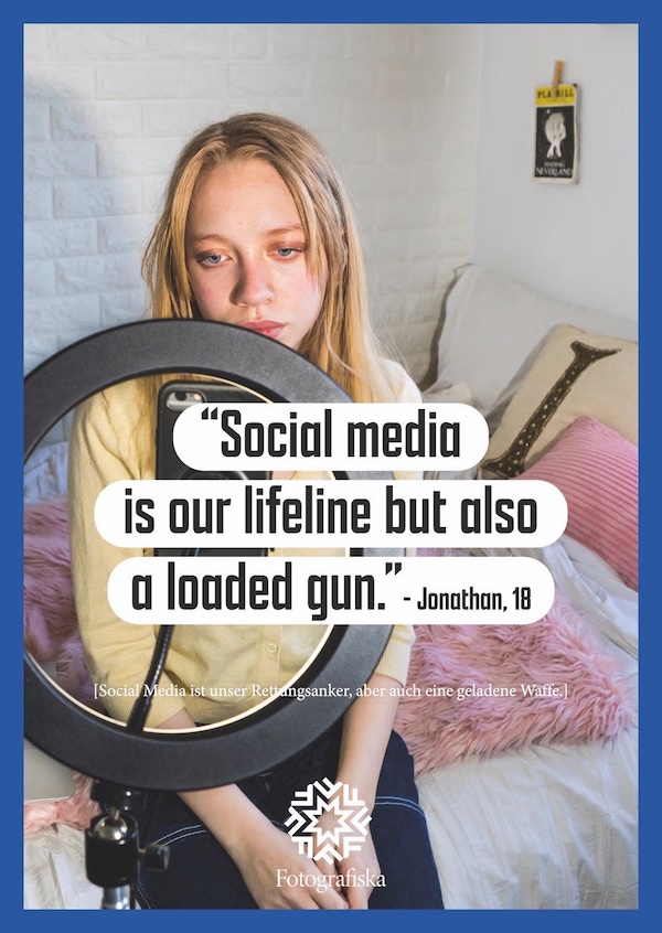 Poster featuring a young woman in a bedroom with a ring light; quote reads, "Social media is our lifeline but also a loaded gun." — Jonathan, 18.