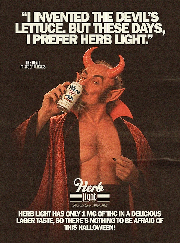 Humorous retro ad featuring a devil mascot drinking a can of Herb Light with bold white slogan above and below.