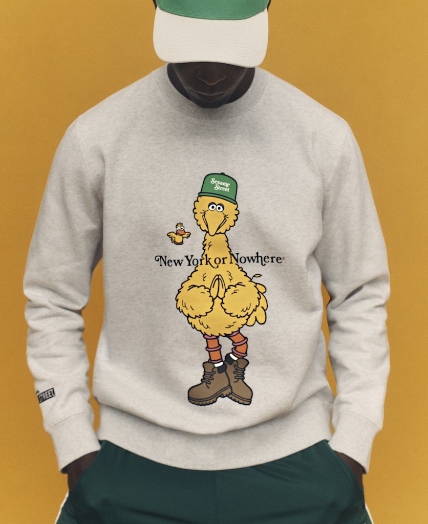 NYON-26-Sesame_Street Big Bird | Muse by Clios Gray sweatshirt with Big Bird and a small chick graphic and the text 'New York or Nowhere' on the chest, worn by a person against an orange background, conveying a playful Sesame Street design.